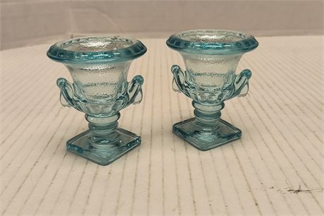 2 Vintage Imperial Glass Icy Blue Iridescent Trophy Urn 3" Toothpick Holder