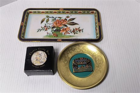 Chokin Porcelain Candy Box & Metal Serving Tray & Metal Wall Hanger