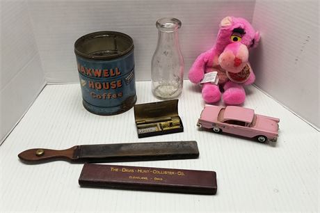 Vintage Pink Panther Plush Toy & Glass Jar & Coffee Can & Misc. Items