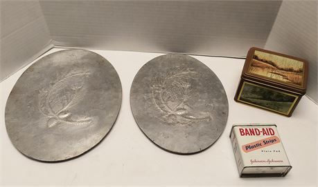 Vintage Band-Aid Tin & 2 Ever Last Forged Aluminum Trays & Misc. Tin