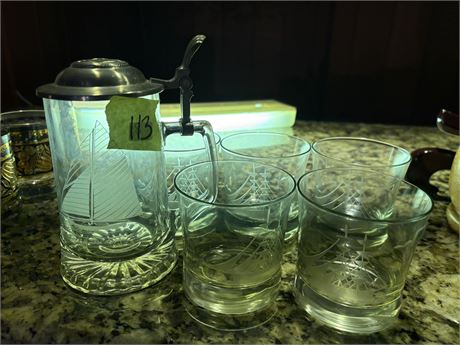 Glass Nautical Theme Beer Stein and Glasses