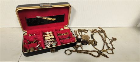 Jewelry Box Of Men's Jewelry & Pocket Watch Chains