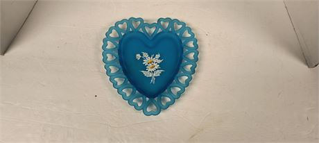 Westmoreland Blue Satin Heart Shaped Trinket Dish Painted Daisy