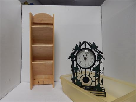 Decorative Metal Clock & Wood Wall Mail Letter And Key Holder