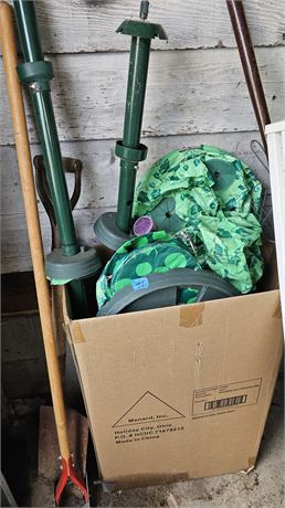 Hanging garden planter, sprayer, tomato cages, rake etc