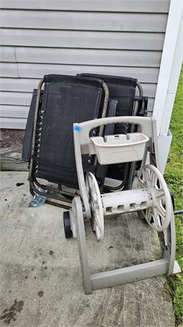Hose reel, lawn chairs