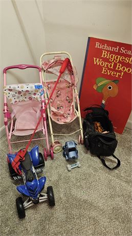 Doll strollers, big book, toy car, misc
