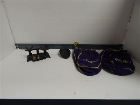 Vintage Cast Iron 6" Black Iron Balance Weight Scale & Crown Royal Bags