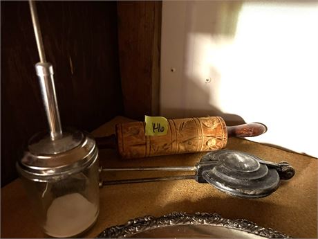 Carved Wood Rolling Pin, Sandwich Pie Iron, Chopper