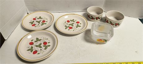 Fire King Baking Dish & Sheffield Strawberries & Creme Stoneware Ramekins & More