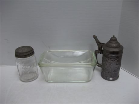 Canning Jar With Lid & Glass Baking Dish With Lid & Beer Stein