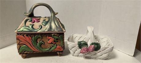 Vintage Decorative White Basket & Dish With Lid