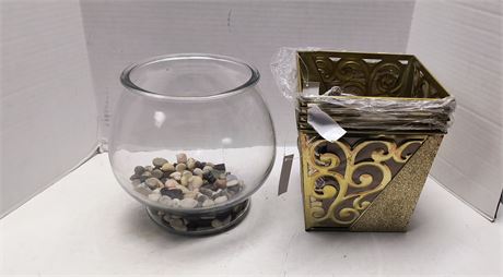 Clear Glass Bowl & Metal Decorative Baskets