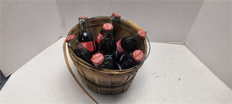 Wicker Basket & Vintage Unopened Coke Bottles