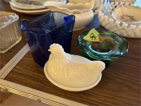 Vintage Hazel Atlas Milk Glass Hen, Green Glass