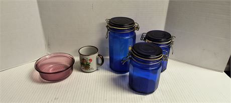 Blue Glass Canisters & Corning Ware Bowl & More
