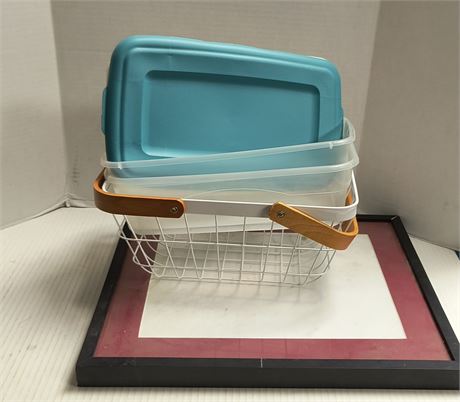 Small Storage Totes & Small Metal Wire Basket & Picture Frame
