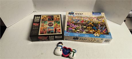 Lot Of Puzzles & Snowman Picture Frame