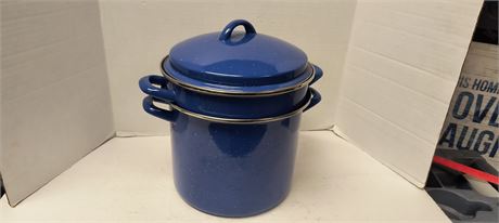 Blue Enamel 6 Quart Stock Pot With Strainer Steamer