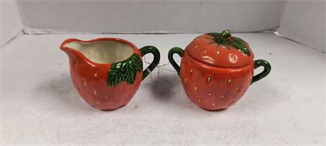 Strawberry Cream & Sugar Set. Creamer Is Cracked