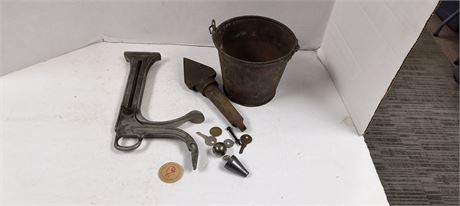 Vintage Bucket & Vintage Aluminum Shoe Shine Holder & More