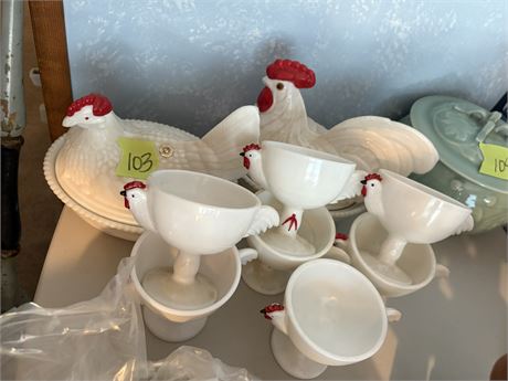 Vintage Westmoreland Milk Glass Hen Covered Dishes and Goblets