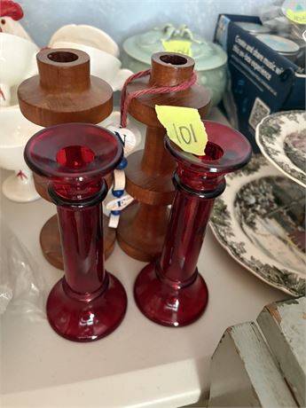 Candlesticks, Red Glass, Wood