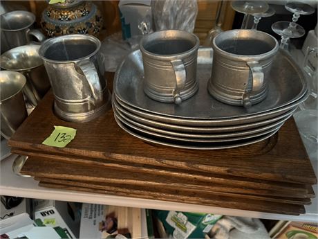 Vintage Pewter Mugs, Plates, Tea/Coffee Service, Napkin Rings and Wood Trays