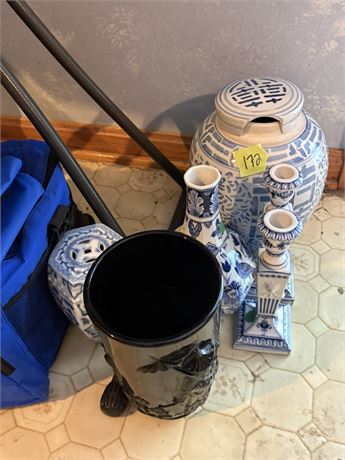 Chinese Blue and White Double Happiness Ginger Jar, Candlesticks, Vase
