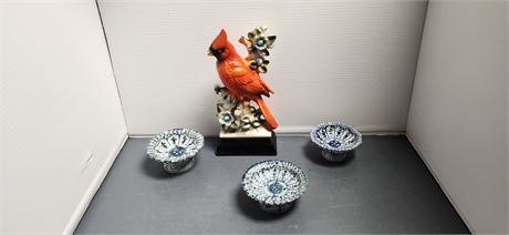 Cardinal Statue & Decorative Small Bowls