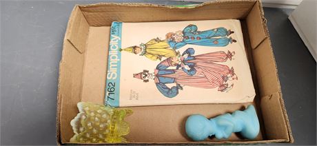Vintage Simplicity Pattern & Yellow Hobnail Candle Holder & Prayer Girl Statue