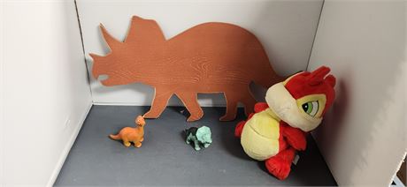 Lot Of Misc. Toys & Wood Dinosaur Wall Decoration