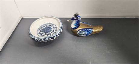 Brass Duck & Ceramic Bowl