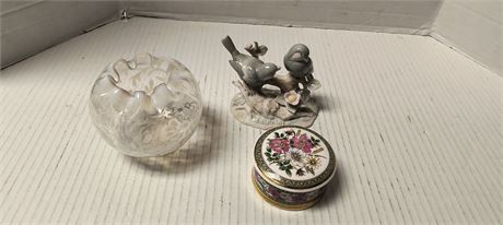 Vintage George Good Pastel Birds & Trinket Box & Opalescent Bowl Maybe Fenton?