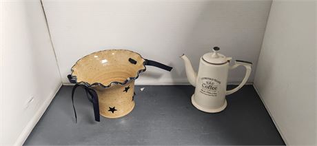 White Enamelware Coffee Pot & Pottery Bowl