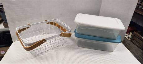 Small Plastic Storage Containers & Wire Basket
