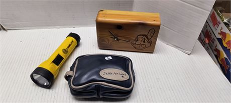 Cleveland Indians Wood Clock & Flashlight & Delta Airlines Personal Hygiene Set