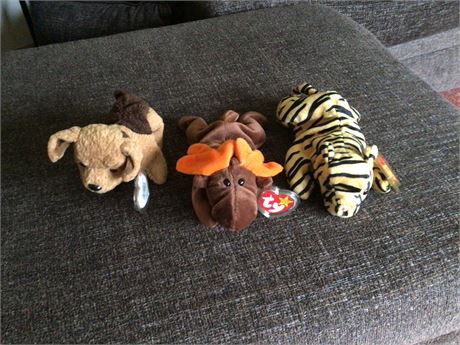 Stripes the Tiger, Chocolate the Moose, Tuffy the Puppy Beanie Babies