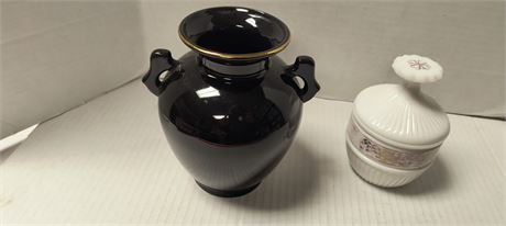Vintage Milk Glass Ribbed Vanity Box & Black Porcelain Oriental Vase