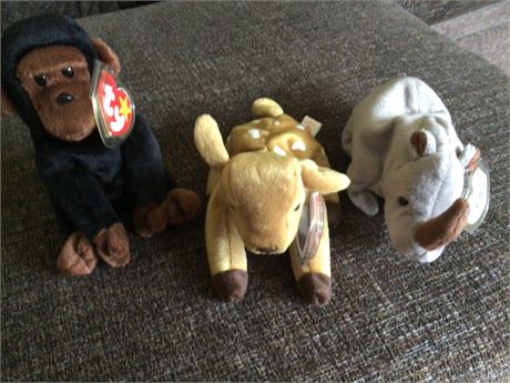 Spike the Rhino,Whisper the Deer, Congo the Gorilla Beanie Babies