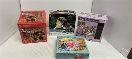 Lot Of Various Puzzles & GE 100 Lights Super Sphere Christmas Lights