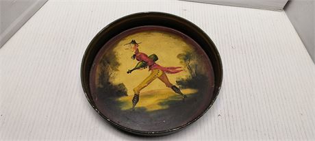 Antique Folk Art Painter Peter Ompir Toleware Tray Plate. Man With Wine Bottle