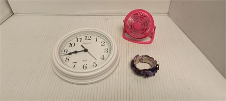 Sterling & Noble Wall Clock & Desk Fan & Bracelet