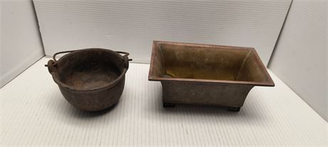 Vintage Small Cast Iron Pot & Metal Decorative Planter