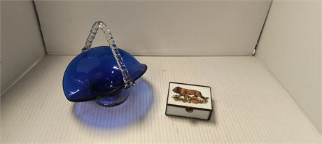 Vintage Trinket Box & Vintage Blue Glass Bowl With Handle