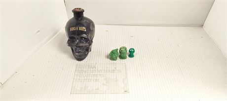 Miniature Buddha Statues &  Guns & Roses Whiskey Bottle & Godzilla Window Decal
