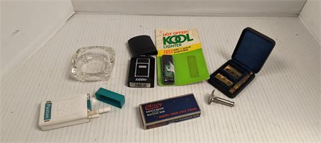 Vintage Lighters & Zippo Lighter & Glass Ashtray & Christy Safety Razor & More