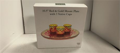 10.5 Red & Gold Mosaic Plate With 3 Votive Cups