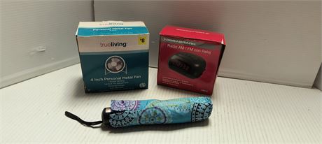 Umbrella & 4 Inch Personal Fan & Durabrand Radio AM/FM