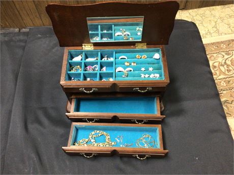 Wood Jewelry Box with Numerous Earrings & Other Costume Jewelry